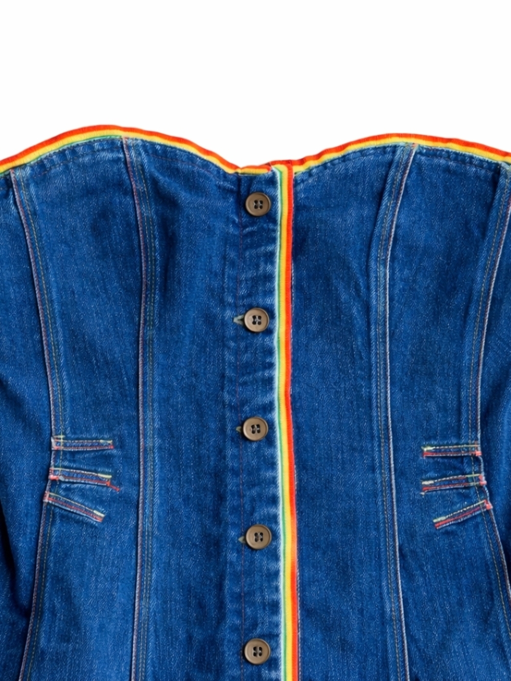 Anthropologie Strapless Denim Mini Dress Rainbow Trim NWT XS Button Front Boho - Picture 3 of 13